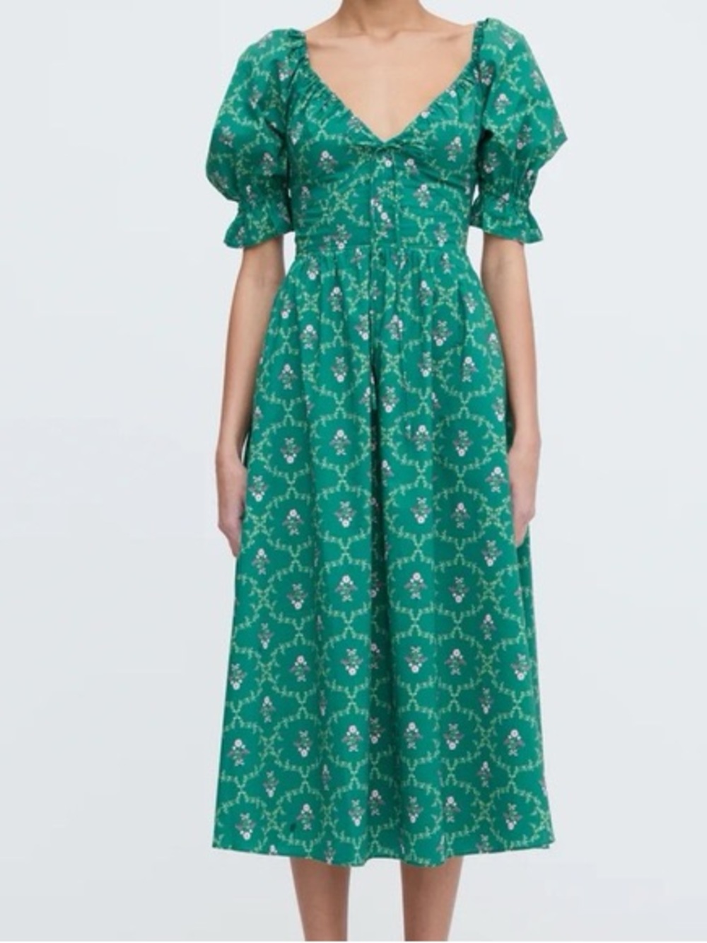 Hill House Green Floral Puff-Sleeve Midi Dress
